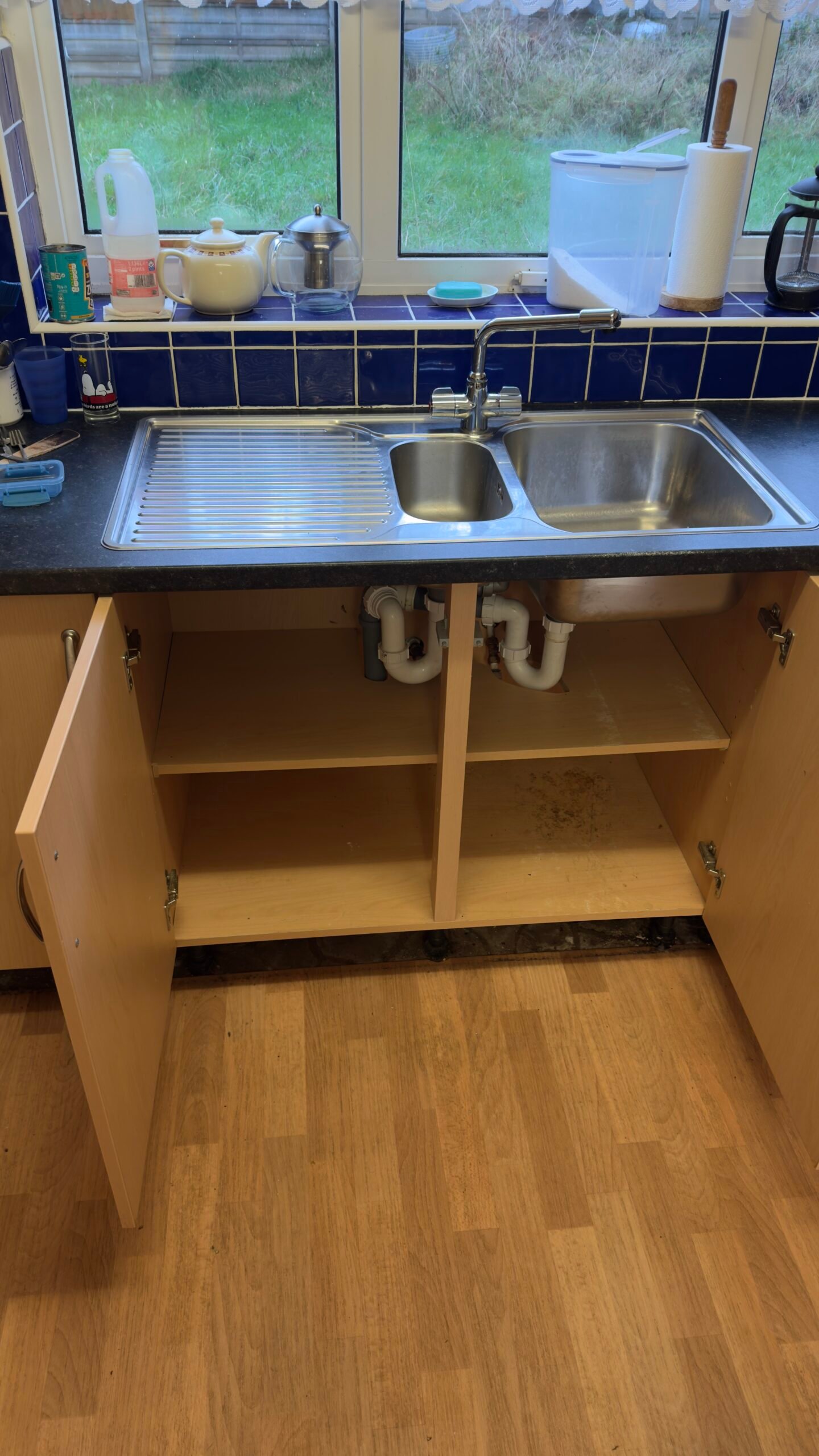 Kitchen sink cabinet — no visible sign of leak from above