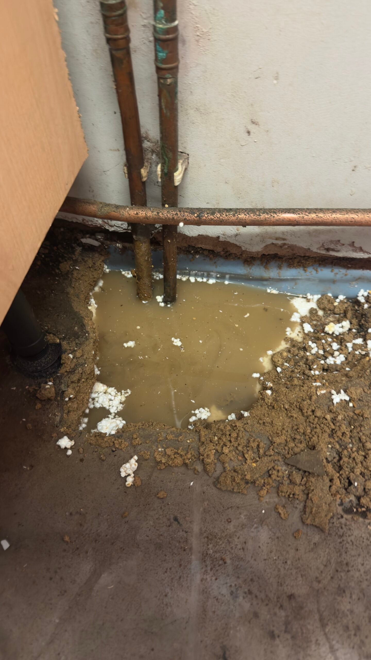 Water pooling beneath kitchen floor around corroded copper pipes 